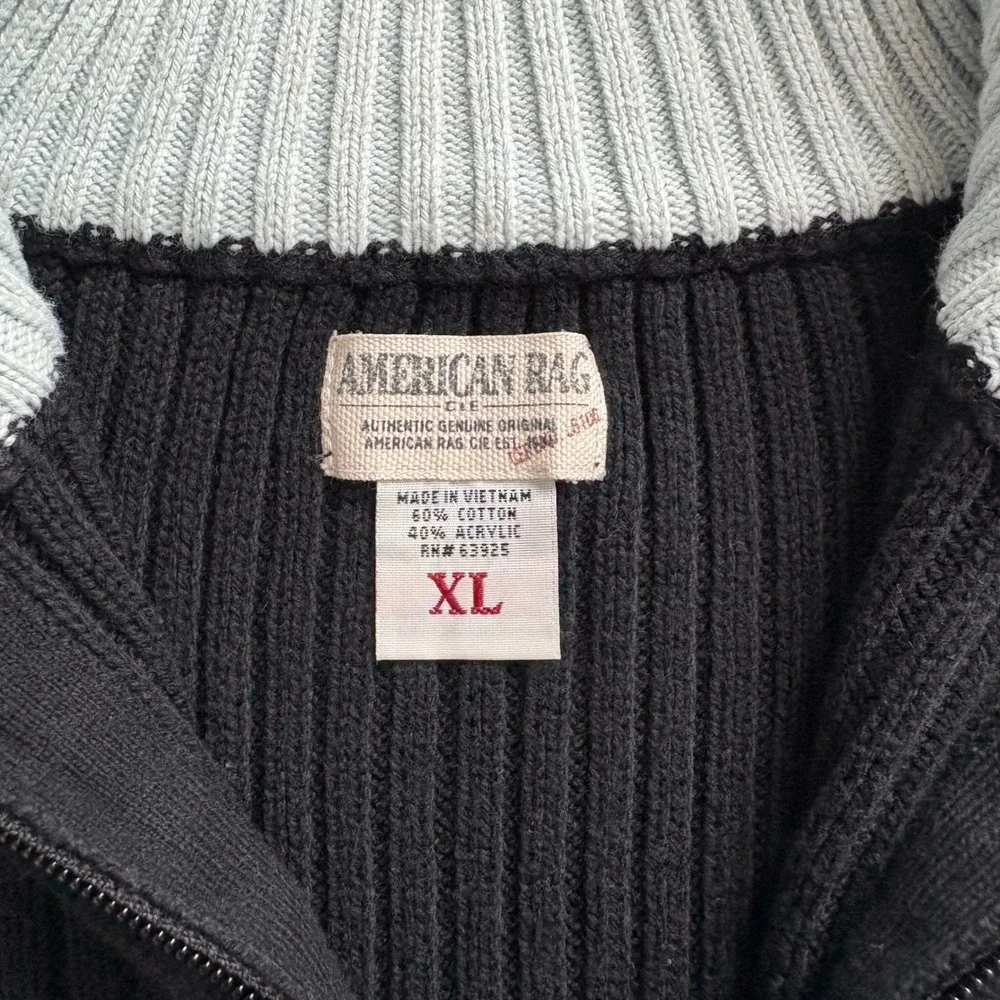 American Rag Mens XL Black Ribbed Quarter Zip Sweater Stripe Sleeve Mock Neck